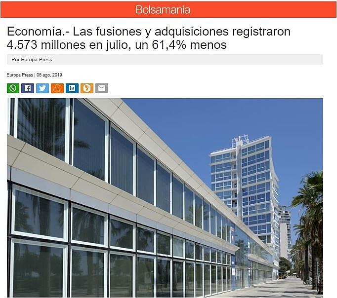 Economa.- Las fusiones y adquisiciones registraron 4.573 millones en julio, un 61,4% menos